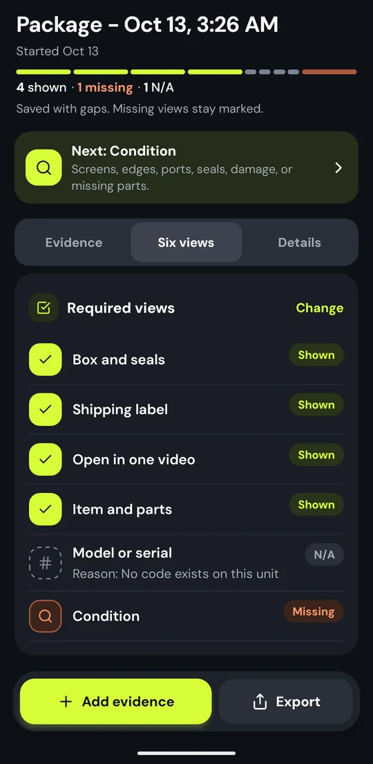 Buyer Backup proof with six views: four shown, one missing and one marked not applicable