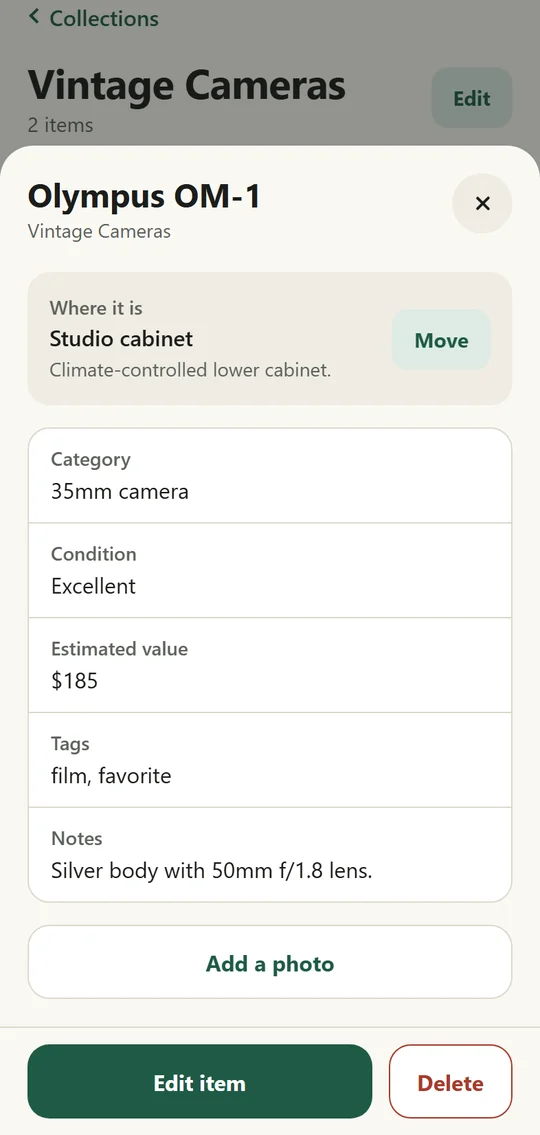 Collectory item screen showing a camera kept in the studio cabinet, valued at $185