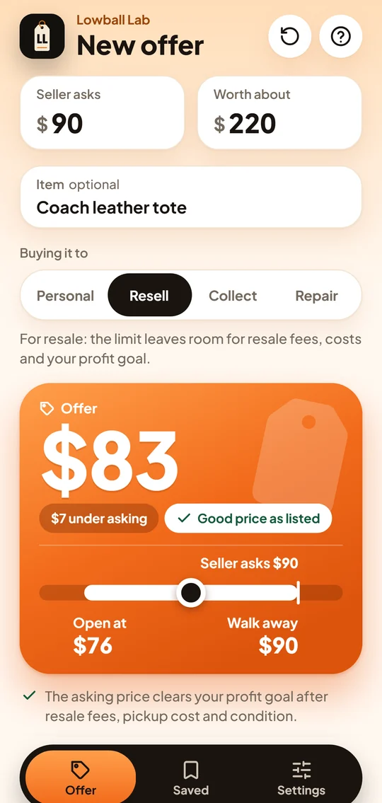 Lowball Lab offer screen for a Coach leather tote: offer $83, open at $76, walk away $90