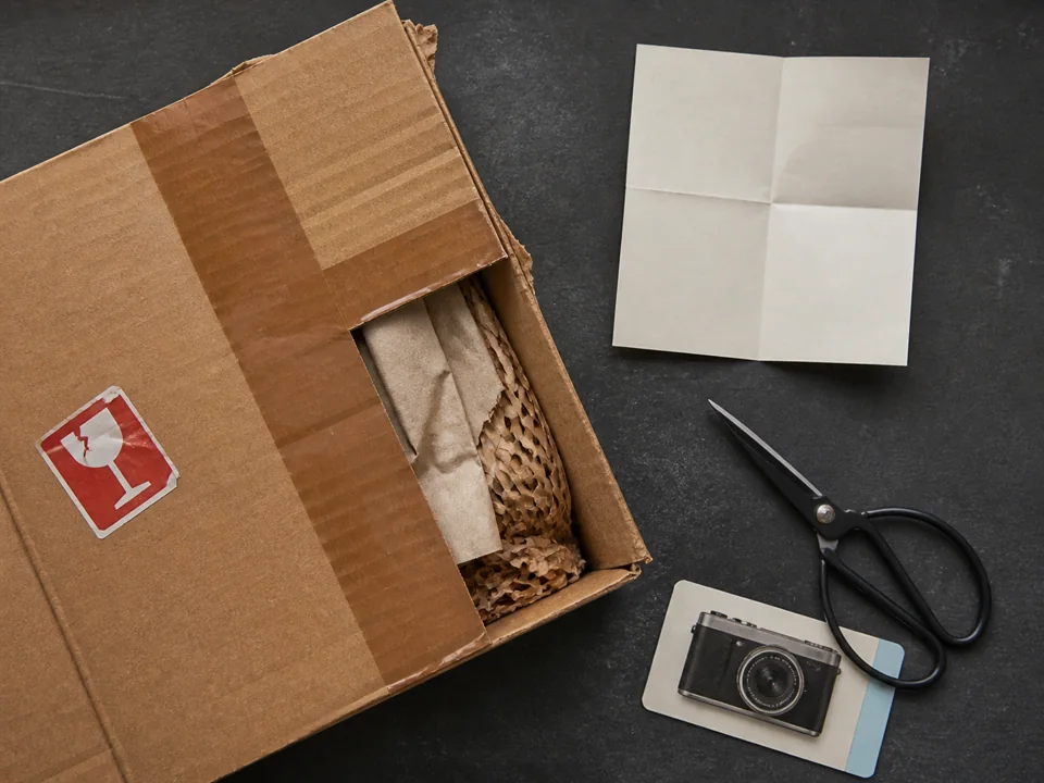 Open parcel, camera card, receipt paper, and scissors prepared for documentation