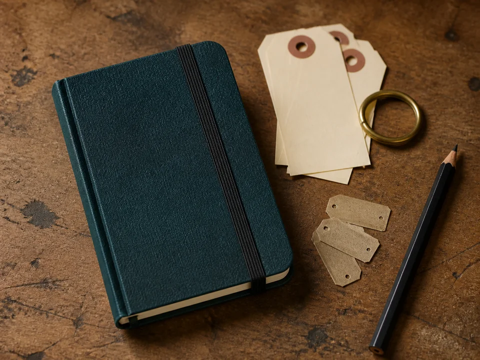 Teal collection notebook with paper tags and a brass key ring