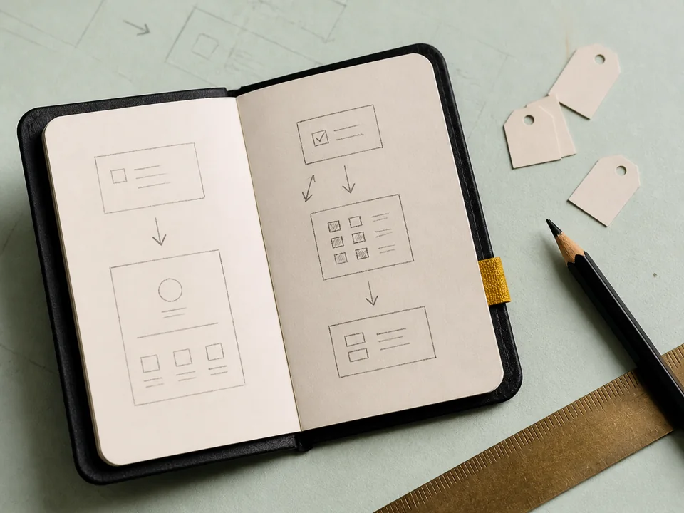 Open field notebook with a practical workflow sketched across its pages